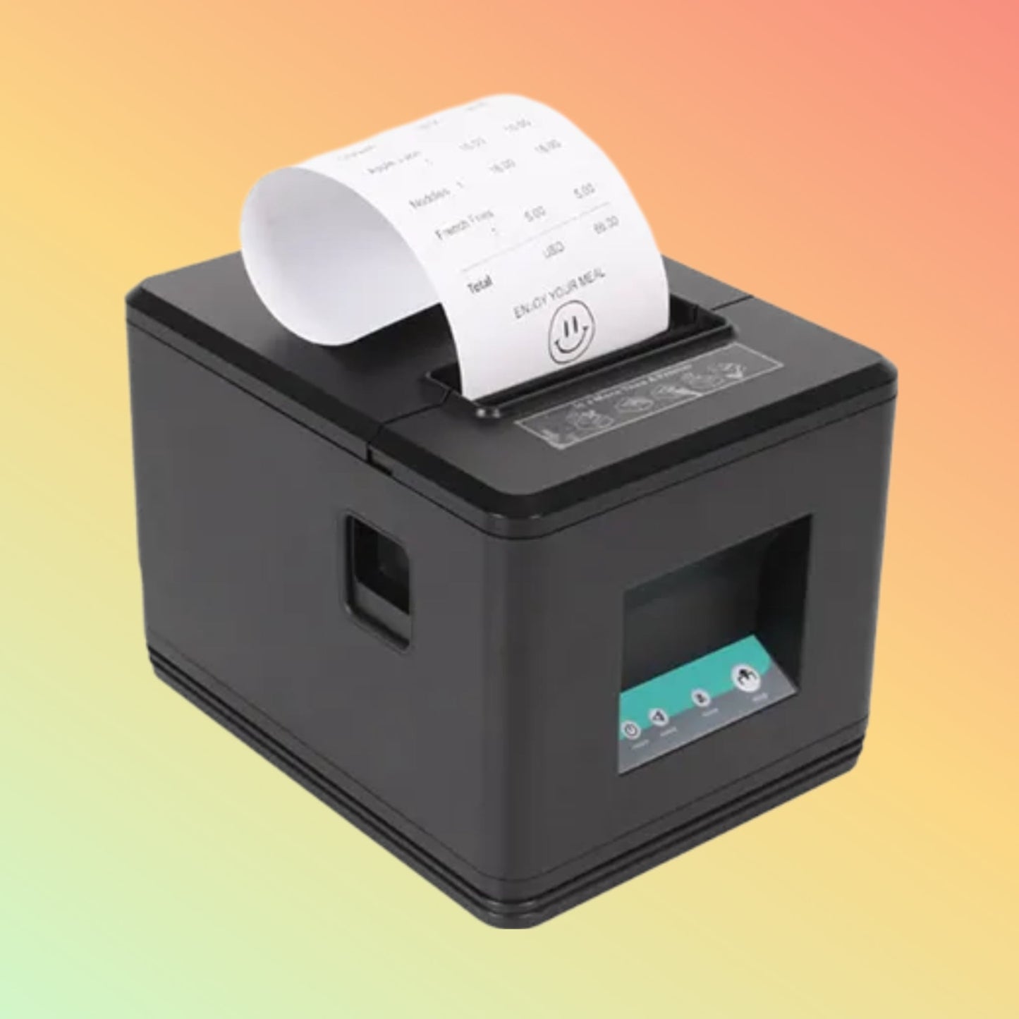 Front view of ZYWELL ZY907 POS printer, featuring large feed button and advanced thermal printing technology for quick receipts
