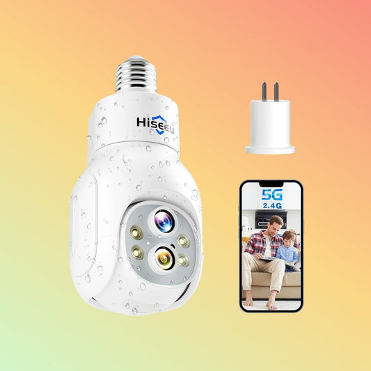 Hiseeu 2K Waterproof Wireless 𝟯𝟲𝟬° 𝙑𝙞𝙚𝙬 Light Bulb Camera with 5G&2.4GHz Wi-Fi & No Subscription