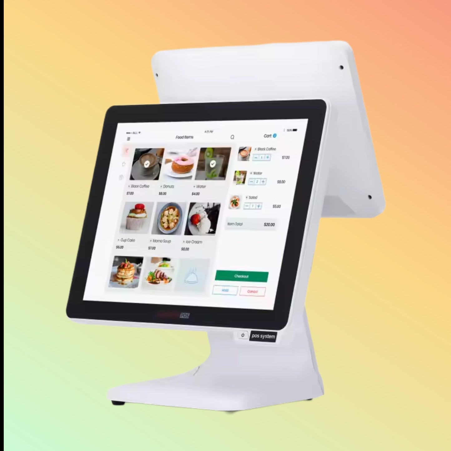 Compact and modern 15-inch POS terminal with seamless flat touch interface, running on Windows 10