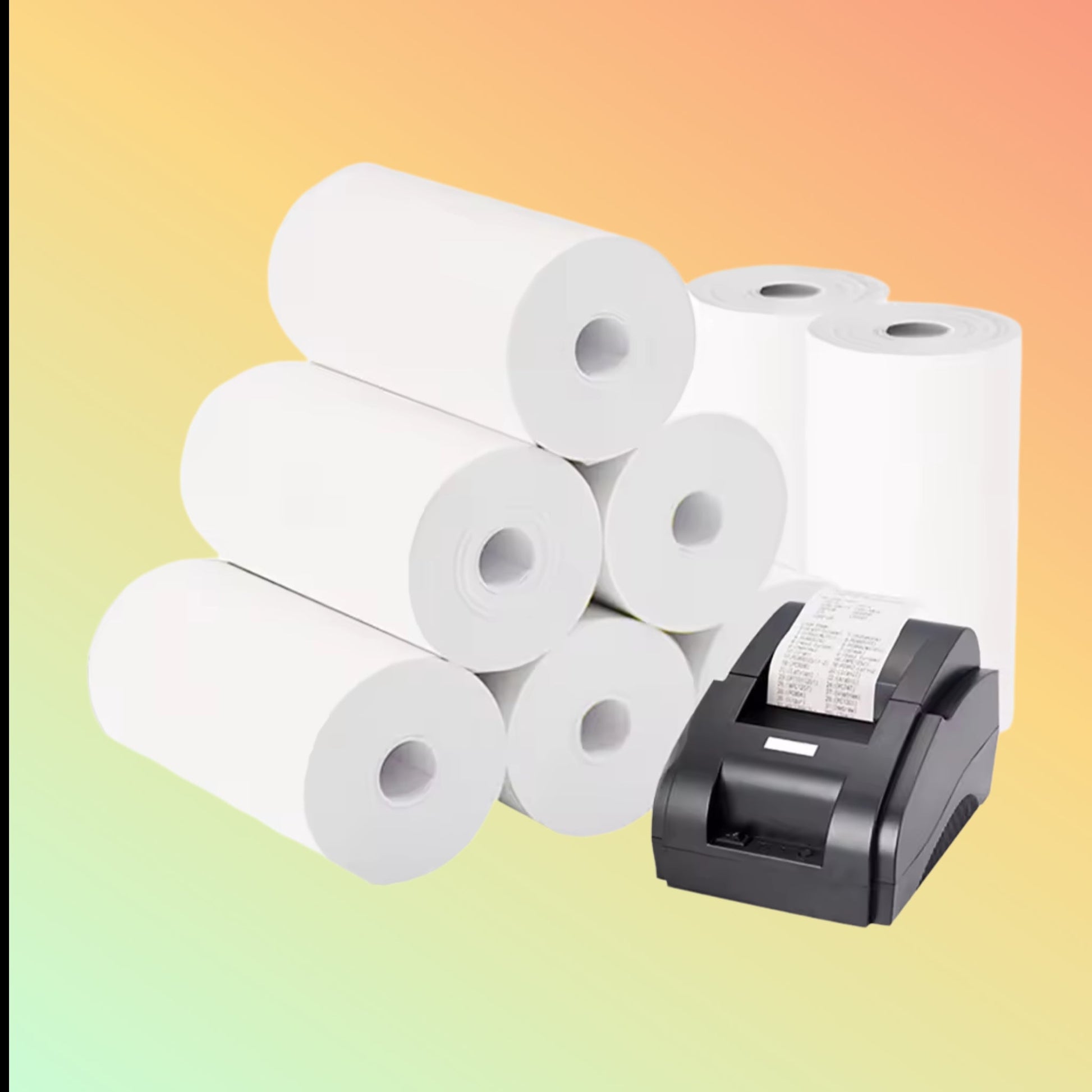 Bulk box of 50 thermal rolls, two sizes: 80x50m for large printing and 57x40mm for compact POS machines