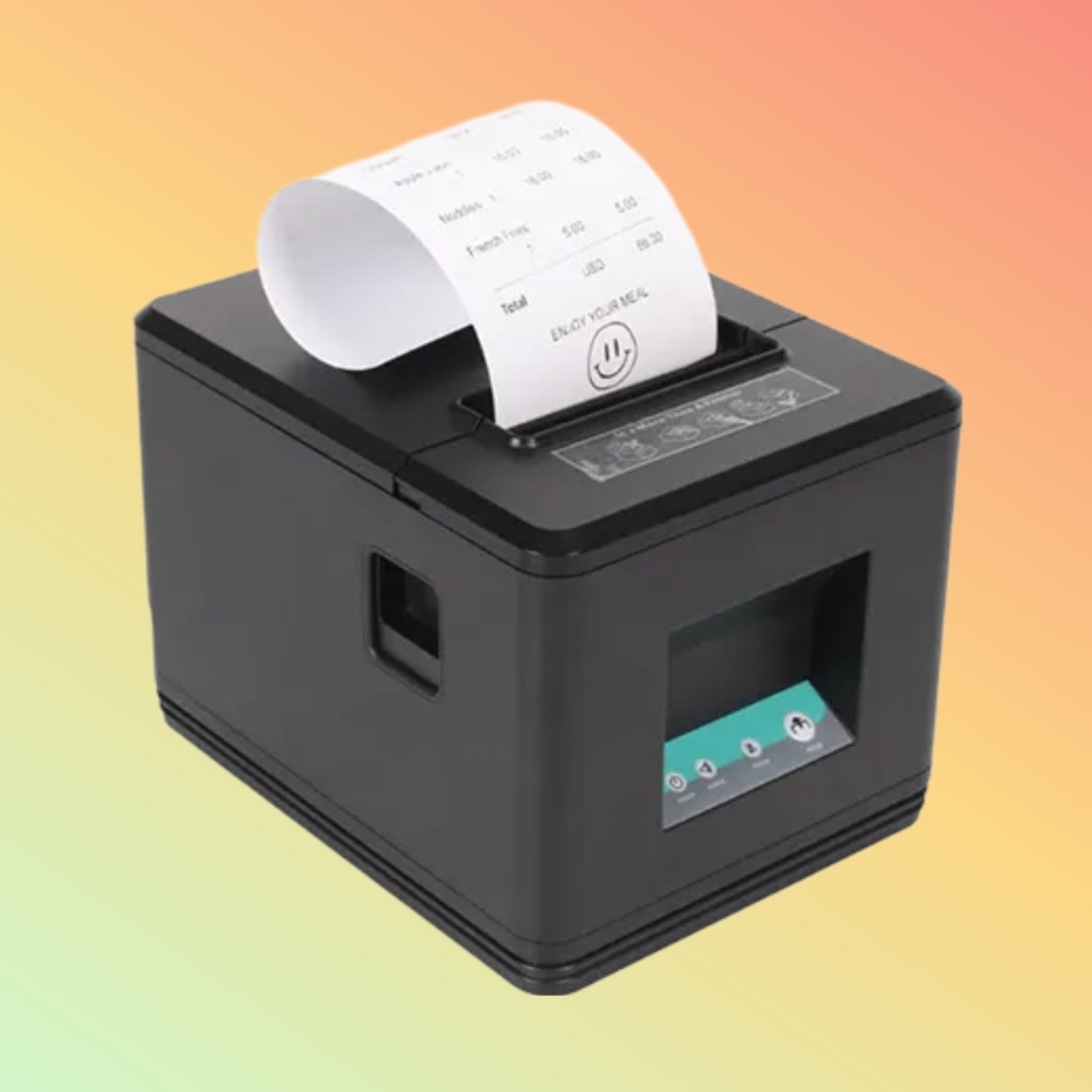 Front view of ZYWELL ZY907 POS printer, featuring large feed button and advanced thermal printing technology for quick receipts