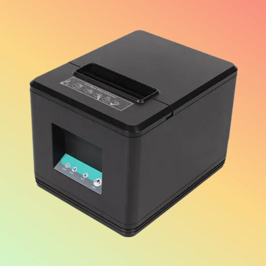 ZYWELL ZY907 thermal receipt printer, 80mm wide printing, sleek black design with front paper exit and clear digital display